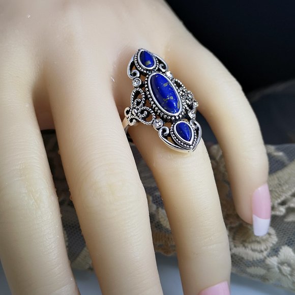 (5/$25‎ SALE ✅) Bohemian Blue Turquoise Hollow Carved Lapis Lazuli Ring Size 7 - Picture 6 of 7